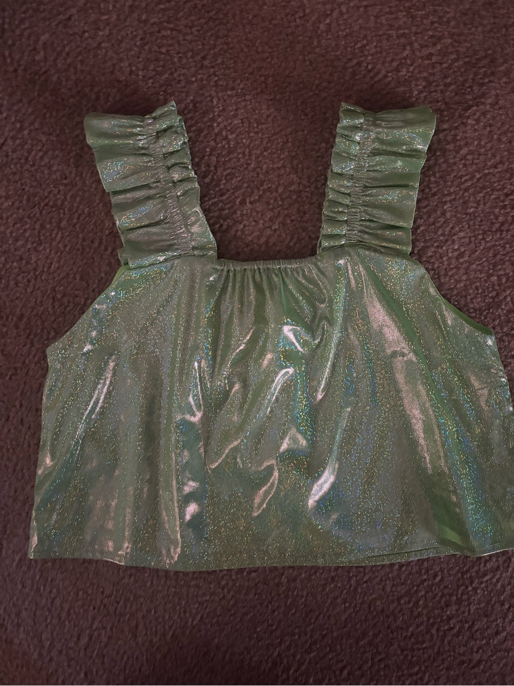 QUEEN OF SPARKLES Iridescent Green Ruffle-Strap Crop Top